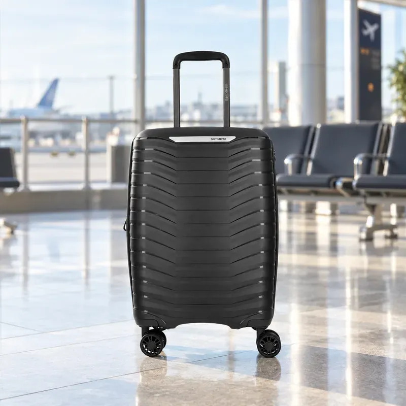Mala Samsonite Bon-X preta no piso brilhante do saguão de um aeroporto, com avião ao fundo