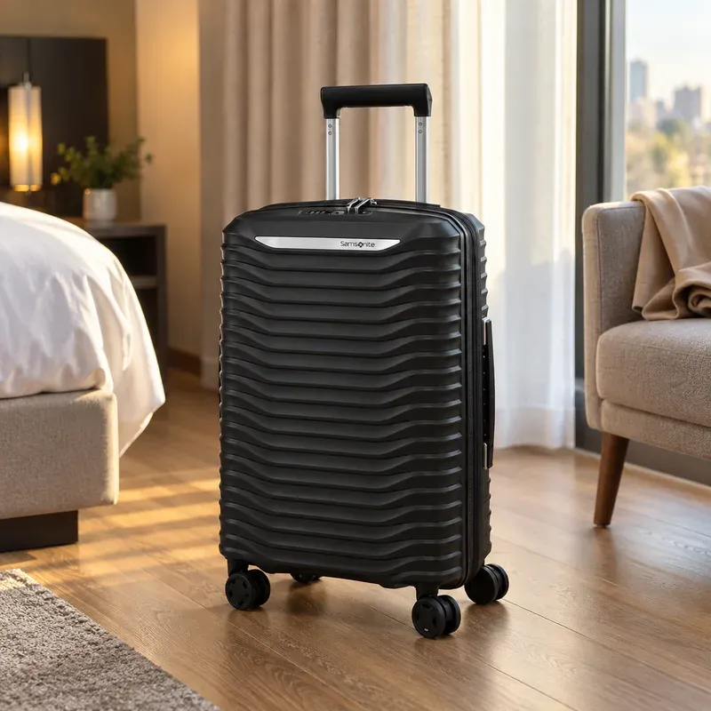 Mala Samsonite Upscape preta, de casco ondulado, em pé no piso de madeira de um quarto
