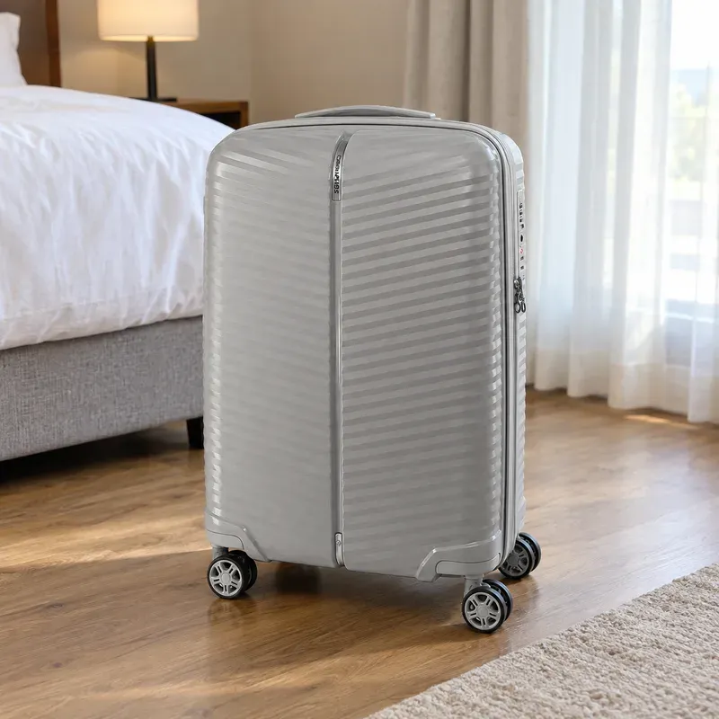 Mala Samsonite Varro cinza-clara, de casco listrado, no piso de madeira ao lado da cama